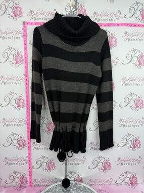 Seduction y2k sweater Pom Pom Striped Cowl Neck Drawstring Sweater Black & Gray
